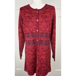 NWT Novica 100% Alpaca Wool Long Cardigan Red Floral Knit Button Front